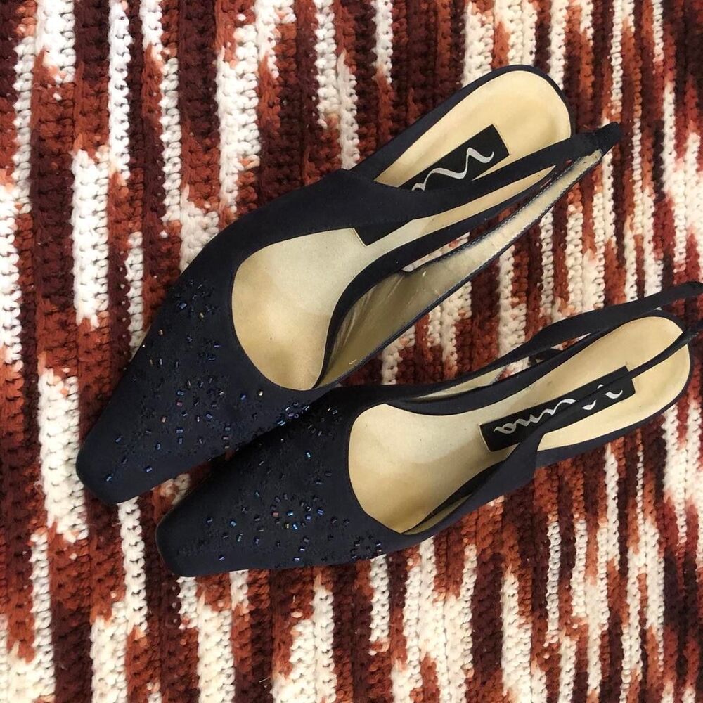 Coquette Fairy Dark Navy Blue pumps slingback mules pointed square toe heels - Picture 3 of 8